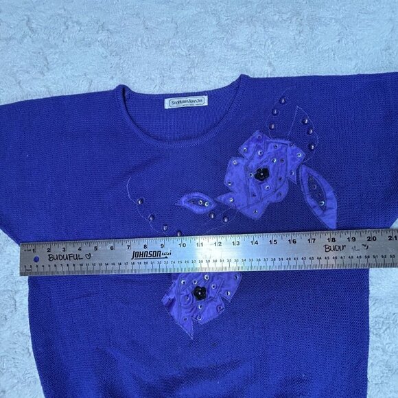 San Huwn Jean Jir Womens Knitted Wool Beaded Sequined Sweater Top Stretch Blue - Picture 5 of 7